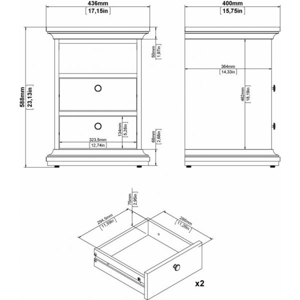 Paris smalt nattbord med 2 skuffer og 1 åpent rom - Grå Paris smalt nattbord med 2 skuffer og 1 åpent rom - Grå