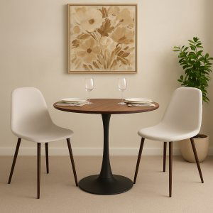 Olmo spisebord Ø90 cm i valnøtt/svart med 2 Alfred spisestoler i beige fløyel og ben i valnøtt Olmo spisebord Ø90 cm i valnøtt/svart med 2 Alfred spisestoler i beige fløyel og ben i valnøtt