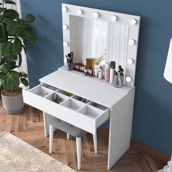 Bijou toalettbord med speil og krakk 21 - 90 x 45 cm - Hvit Bijou toalettbord med speil og krakk 21 - 90 x 45 cm - Hvit