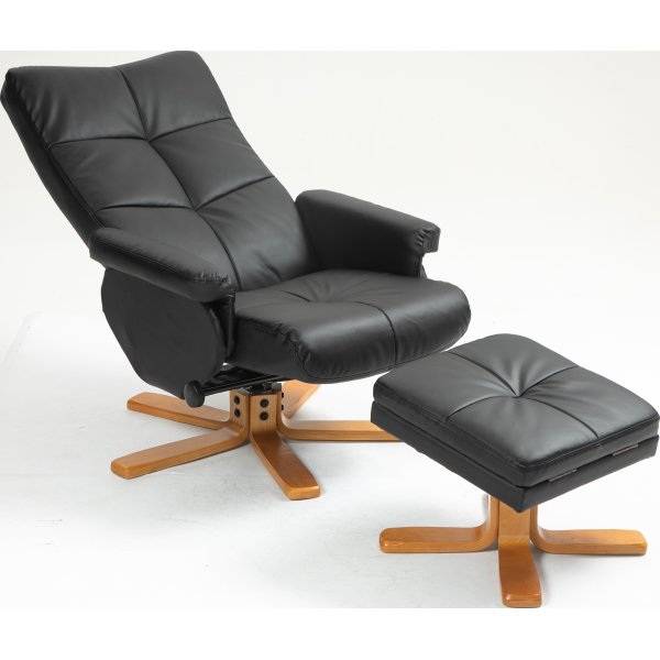 Duva hvilestol med fotskammel i sort PU med brune ben