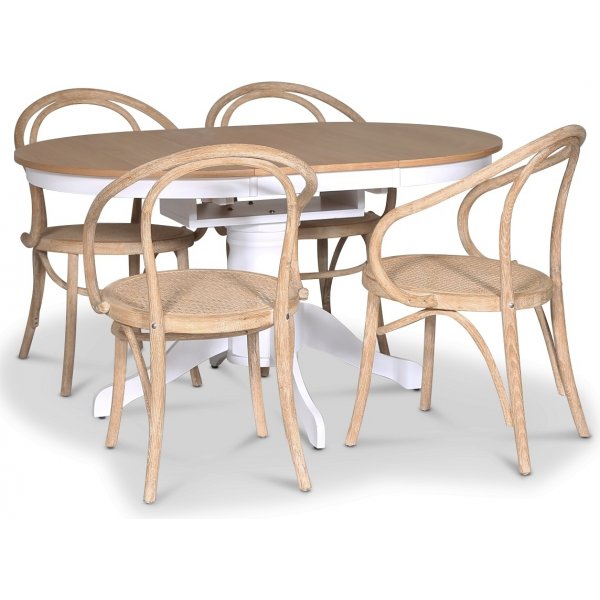 Fitchburg spisegruppe; Ovalt spisebord 106-141 cm - Hvit / Oljet eik med 4 stk Danderyd No.30 lenestoler whitewash
