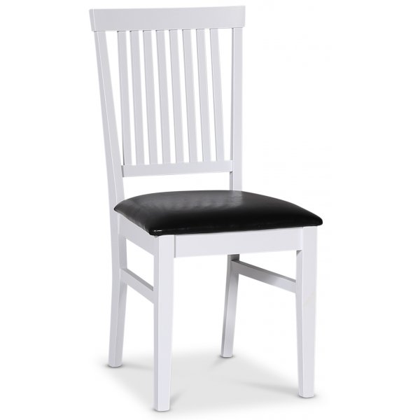 Fårö spisegruppe; spisebord 140x90 cm - Hvit / oljet eik med 4 Fårö spisestoler med ribber i ryggen, svart PU-sete + 3.00 x Møbelføtter Fårö spisegruppe; spisebord 140x90 cm - Hvit / oljet eik med 4 Fårö spisestoler med ribber i ryggen, svart PU-sete + 3.00 x Møbelføtter