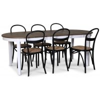 Skagen spisegruppe; spisebord 160/210x90 cm - Hvit / brunoljet eik med 6 stk Danderyd No.16 stoler Svart Skagen spisegruppe; spisebord 160/210x90 cm - Hvit / brunoljet eik med 6 stk Danderyd No.16 stoler Svart