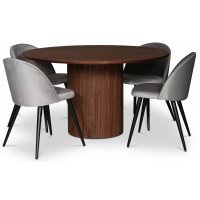 spisegruppe i Nordansjöen; rundt spisebord Ø130 cm, valnøtt + 4 Alice spisestoler, Grå fløyel spisegruppe i Nordansjöen; rundt spisebord Ø130 cm, valnøtt + 4 Alice spisestoler, Grå fløyel
