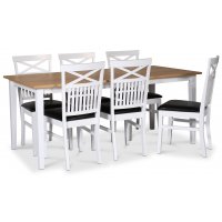 Fårö spisegruppe; spisebord 180x90 cm - Hvit / oljet eik med 6 Fårö spisestoler med kryss i ryggen, sete i svart PU