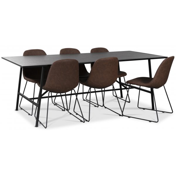 Toscana spisegruppe 206 cm bord + 6 stk Atlantic Sled stoler brun PU