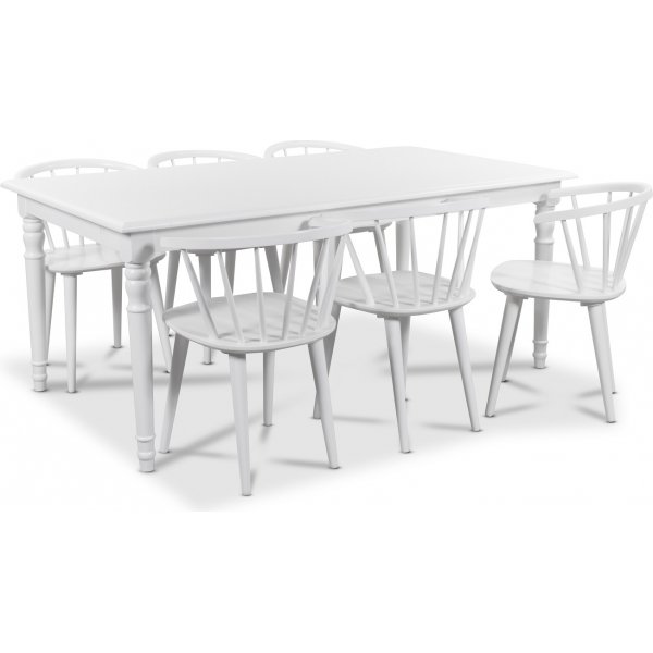 Nomi spisegruppe 180 cm bord med 6 stk hvite Dalsland Cane stoler med ramme