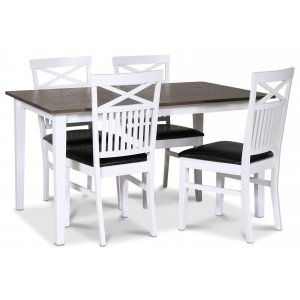 Skagen spisegruppe; klassisk spisebord 140x90 cm - Hvit / brunoljet eik med 4 Fr stoler (Kryss i ryggen) med svart PU-sete