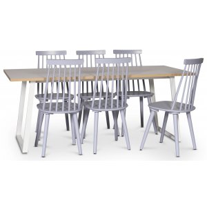 Edge dining gruppe; Spisebord i hvit HPL 190x90 cm med 6 stk gr Dalsland stokkstoler