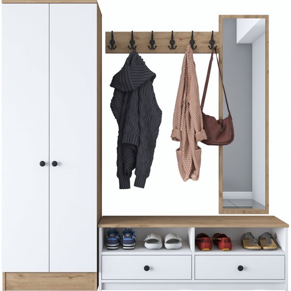 Mendy hallmøbler med speil - Hvit/valnøtt Mendy hallmøbler med speil - Hvit/valnøtt