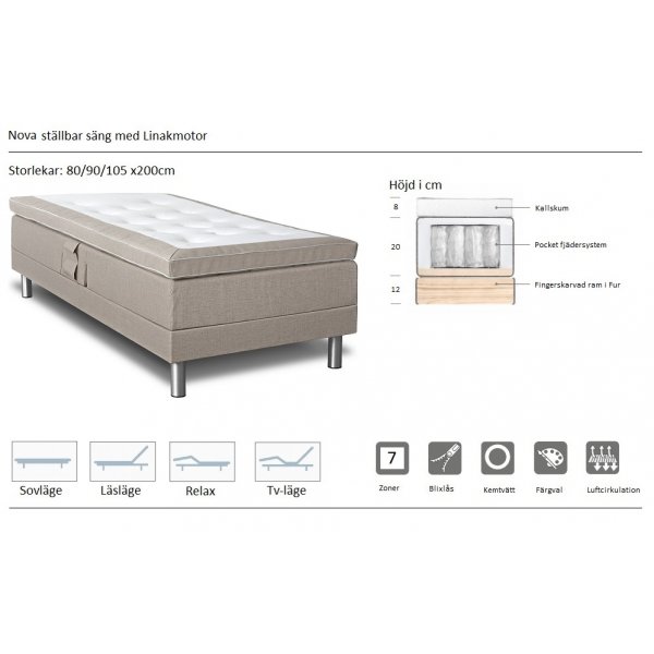 Nova justerbar seng (beige Inari 22) - Valgfri bredde + Møbelføtter Nova justerbar seng (beige Inari 22) - Valgfri bredde + Møbelføtter