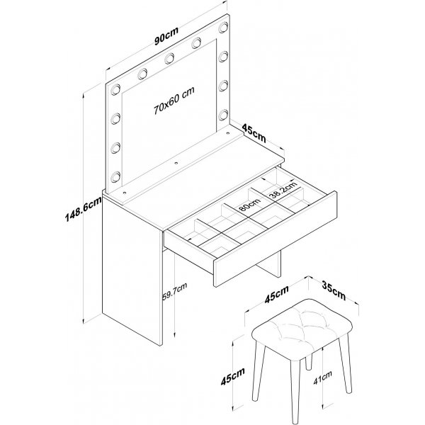 Bijou toalettbord med speil og krakk 21 - 90 x 45 cm - Hvit Bijou toalettbord med speil og krakk 21 - 90 x 45 cm - Hvit