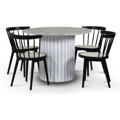 Empire spisegruppe 105 cm inkl. 4 stk. Orbit svarte spisestoler - Slv Diana marmor / Hvit lamell trefot