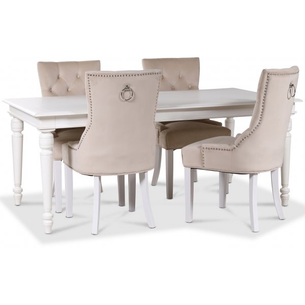 Paris spisegruppe hvitt bord med 4 Tuva Decotique stoler i beige flyel med hndtak bak