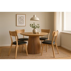 Spisegruppe Osaka Ø120-200 cm eik med 4 Amino-stoler i eik og svart øko-skinn Spisegruppe Osaka Ø120-200 cm eik med 4 Amino-stoler i eik og svart øko-skinn