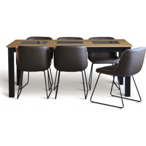 Granitt spisegruppe; Bord 180x90 cm Eik/Sort med 6 Texas spisestoler brun PU Granitt spisegruppe; Bord 180x90 cm Eik/Sort med 6 Texas spisestoler brun PU