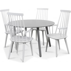 Rosvik spisegruppe gr�tt rundt bord med 4 hvite Dalsland stokkstoler
