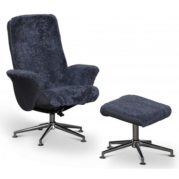 Times lenestol med fotskammel (Recliner) - Mrkegrtt saueskinn