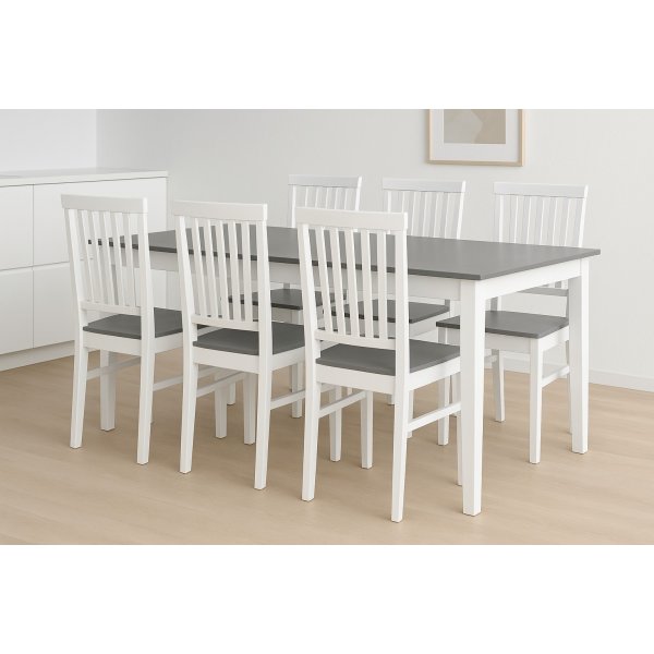 Spisegruppe 6 stoler + bord 180x90 cm - hvit/gr + 6.00 x Serviettringer