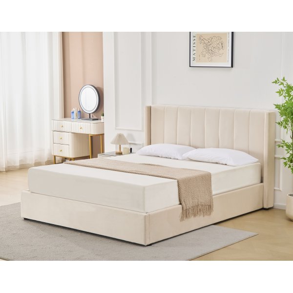 Sengeramme med sengegavl med oppbevaring - 160 x 200 cm beige stoff