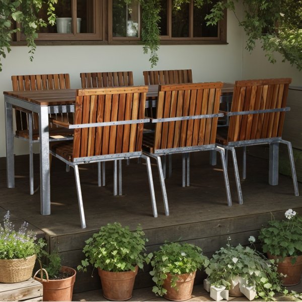 Alva spisegruppe 190x90 cm inkl. 4 stk. stoler – Teak/galvanisert metall Alva spisegruppe 190x90 cm inkl. 4 stk. stoler – Teak/galvanisert metall