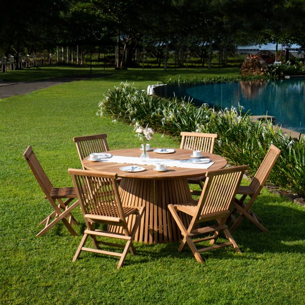 Saltö spisegruppe for uteplassen rundt Ø150 cm bord med 6 stk. spisestoler - Teak + Treolje til møbler Saltö spisegruppe for uteplassen rundt Ø150 cm bord med 6 stk. spisestoler - Teak + Treolje til møbler