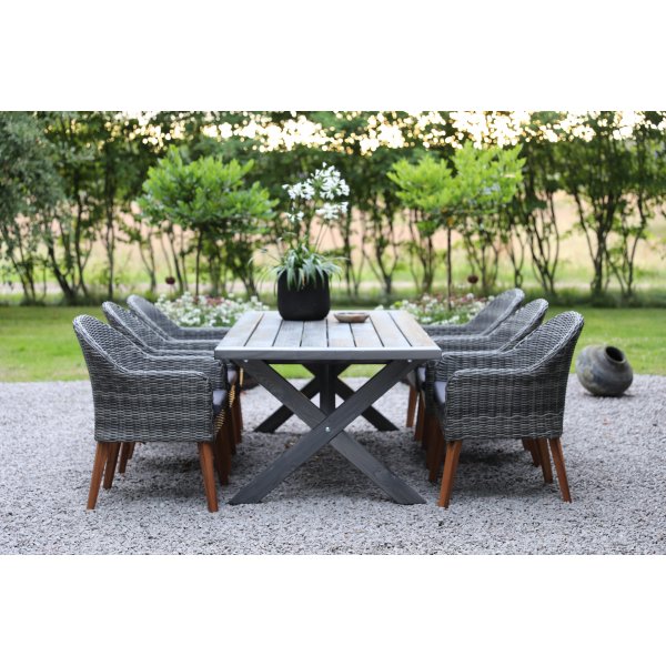 Oxford utend�rs spisegruppe: gr�tt bord 220 cm, inkludert 6 stk. Valetta lenestoler i gr� kunstrotting