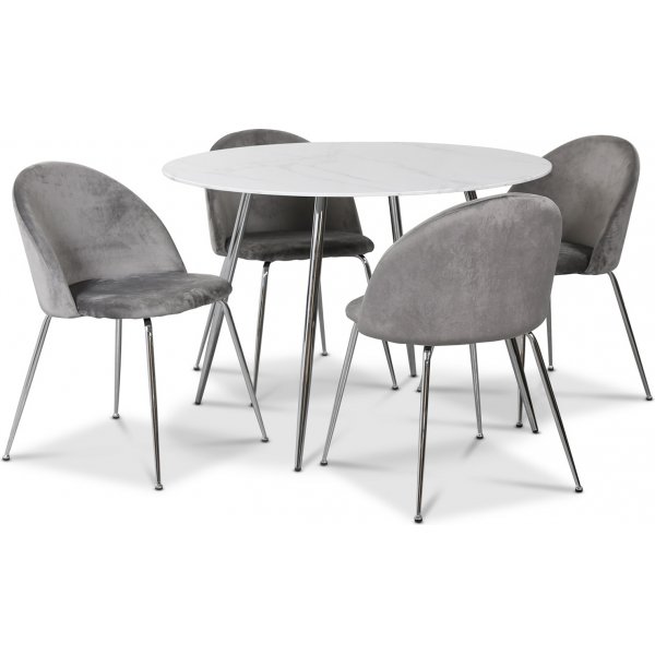 Art spisegruppe, 110 cm rundt bord + 4 st gr Art stoler
