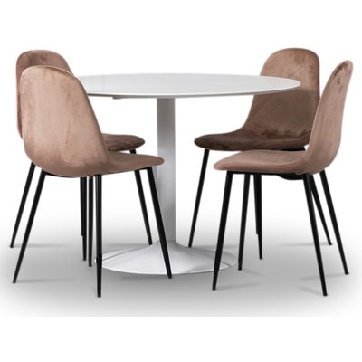 Seat spisegruppe, rundt spisebord med 4 stk Carisma fløyelsstoler - Hvit/Korall