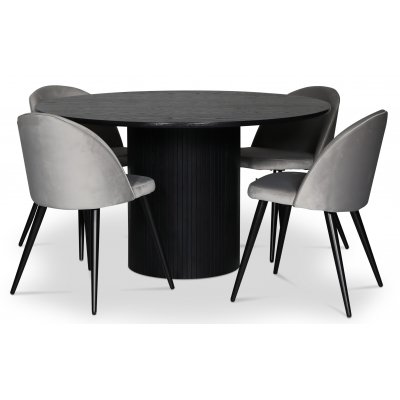 spisegruppe i Nordansjöen; rundt spisebord Ø130 cm, svartbeiset eik + 4 Alice spisestoler, Grå fløyel