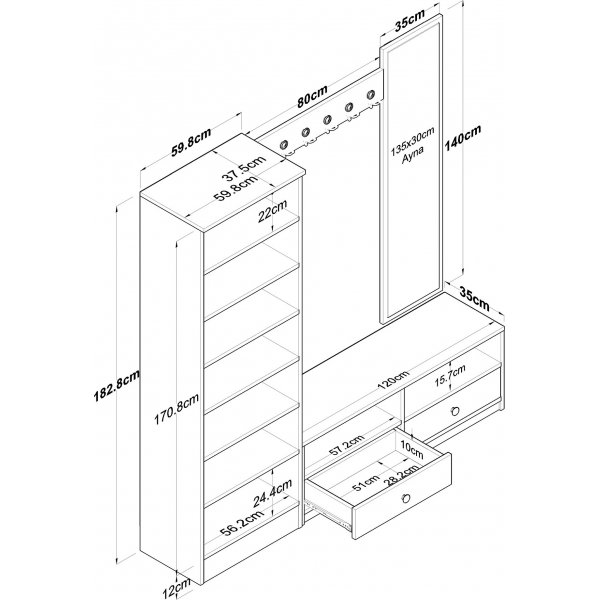 Mendy hallmøbler med speil - Hvit/valnøtt Mendy hallmøbler med speil - Hvit/valnøtt