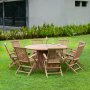 Salt utegruppe i teak: rundt bord 150 cm med 8 lenestoler
