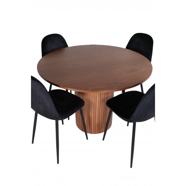 Bianca Spisesett rundt spisebord i valnøtt med 4 Polar sorte stoler Bianca Spisesett rundt spisebord i valnøtt med 4 Polar sorte stoler