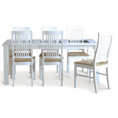Granitt spisegruppe; hvitt bord 180x90 cm med 6 hvite slyfe spisestoler