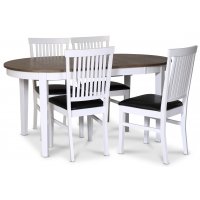 Skagen spisegruppe; spisebord 160/210x90 cm - Hvit / brunoljet eik med 4 stk Fårö stoler med PU-sete Skagen spisegruppe; spisebord 160/210x90 cm - Hvit / brunoljet eik med 4 stk Fårö stoler med PU-sete