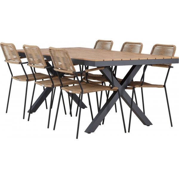 Garcia rektangulært spisestuesett med 6 Lindos stoler - Brun/svart + 6.00 x Stolpute Garcia rektangulært spisestuesett med 6 Lindos stoler - Brun/svart + 6.00 x Stolpute