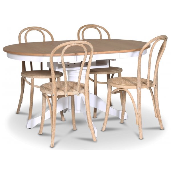 Fitchburg spisegruppe; Ovalt spisebord 106-141 cm - Hvit / Oljet eik med 4 stk Danderyd No.18 spisestoler whitewash