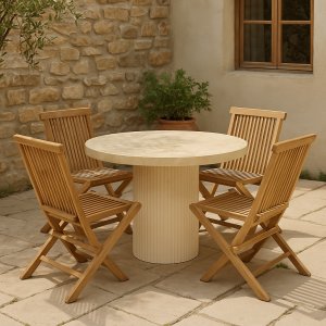 Spisegruppe med 4 stoler og spisebord Ø122 beige/teak - Merca/Saltö Spisegruppe med 4 stoler og spisebord Ø122 beige/teak - Merca/Saltö