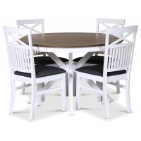 Skagen spisegruppe; rundt spisebord Ø120 cm - Hvit / brunoljet eik med 4 skagenstoler med grått sete Skagen spisegruppe; rundt spisebord Ø120 cm - Hvit / brunoljet eik med 4 skagenstoler med grått sete