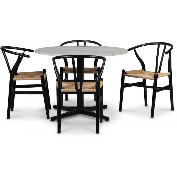 SOHO spisegruppe 105 cm inkl. 4 stk. Brandon karmstoler - Matt svart kryssfot / Slv marmor