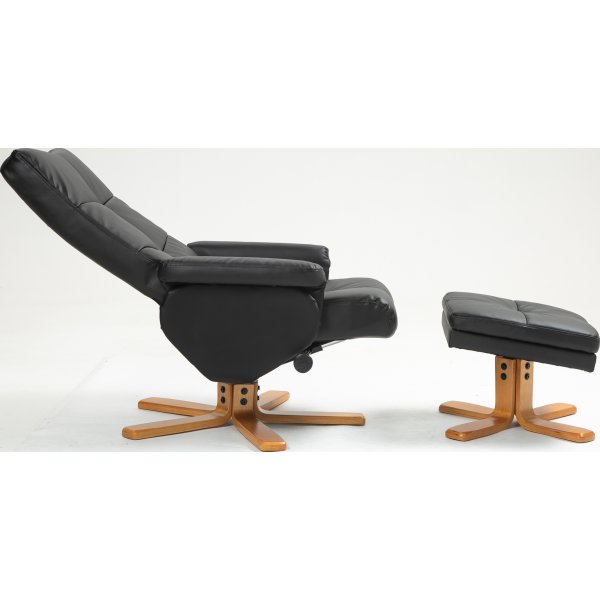 Duva hvilestol med fotskammel i sort PU med brune ben