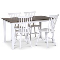 Skagen spisegruppe; klassisk spisebord 140x90 cm - Hvit / brunoljet eik med 4 hvite Karl pinnestoler Skagen spisegruppe; klassisk spisebord 140x90 cm - Hvit / brunoljet eik med 4 hvite Karl pinnestoler