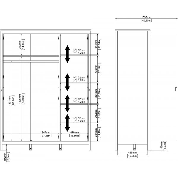 Madrid garderobe med 3 dører - Hvit Madrid garderobe med 3 dører - Hvit
