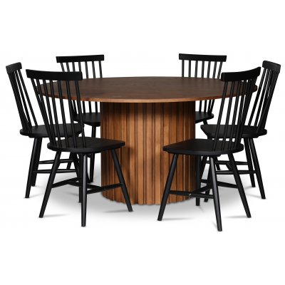 PiPi spisegruppe; Ø150 cm rundt valnøtt spisebord + 6 svarte pinnestoler