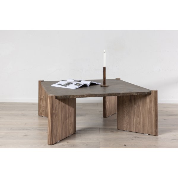 Salongbord Rogaland 100 x 100 cm - Brunt treverk med brunt marmorutseende