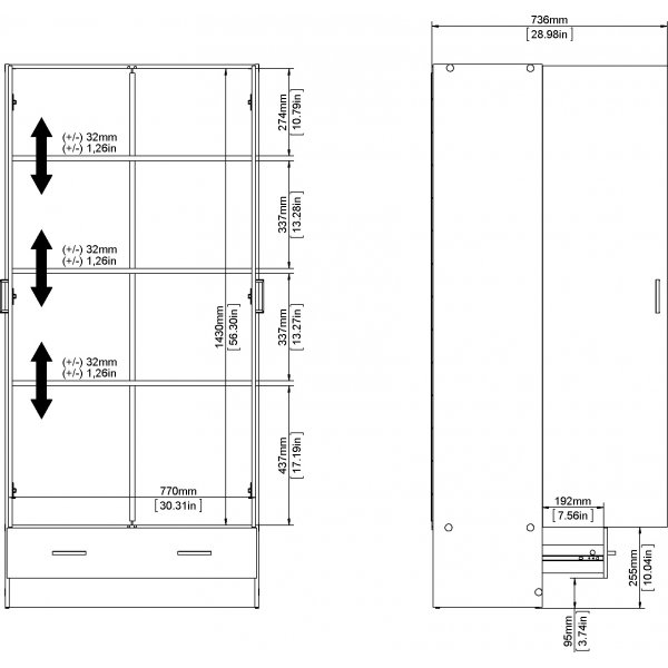Garderobe hvit 80 cm bred og 170,5 cm hy