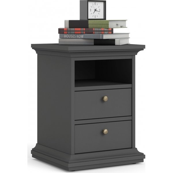 Paris smalt nattbord med 2 skuffer og 1 åpent rom - Grå Paris smalt nattbord med 2 skuffer og 1 åpent rom - Grå