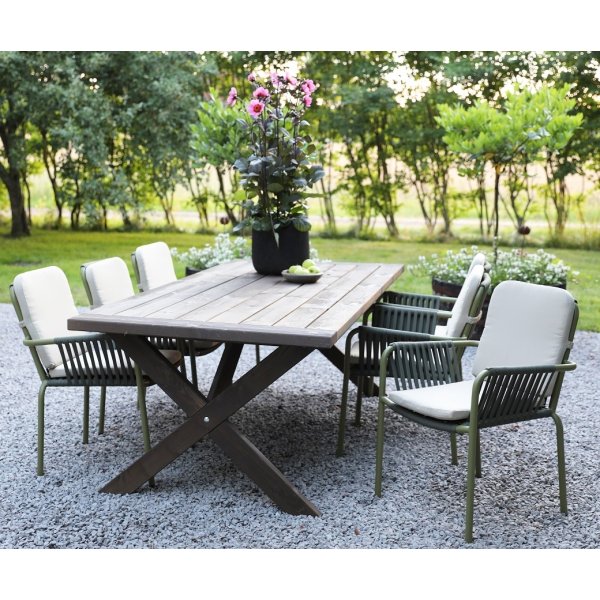 Oxford utendrs spisegruppe: brunsyret bord 220 cm, inkludert 6 stk. Lincoln stablebare karmstoler grnn/beige
