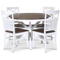 Skagen spisegruppe; rundt spisebord Ø120 cm - Hvit / brunoljet eik med 4 Skagenstoler (Kryss i ryggen) med brunoljet eikesete