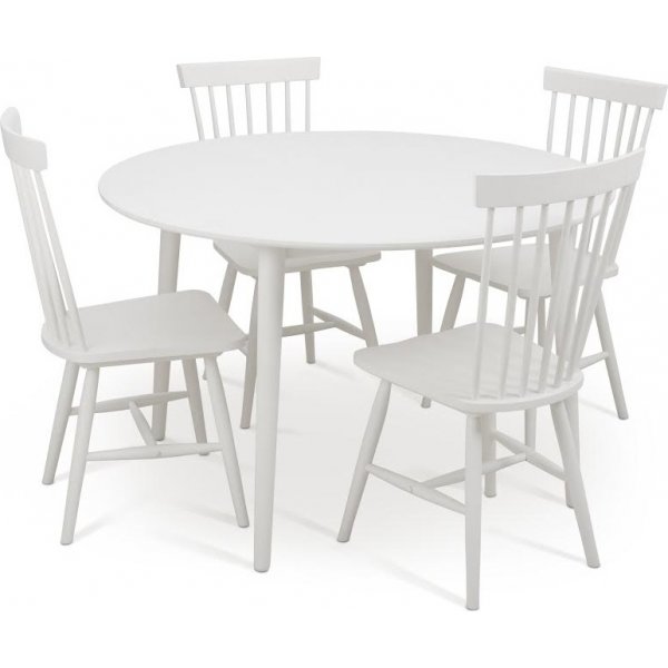 Rosvik matvaregruppe; rundt spisebord 120 cm med 4 Karl hvite stokkstoler + 4.00 x Serviettringer
